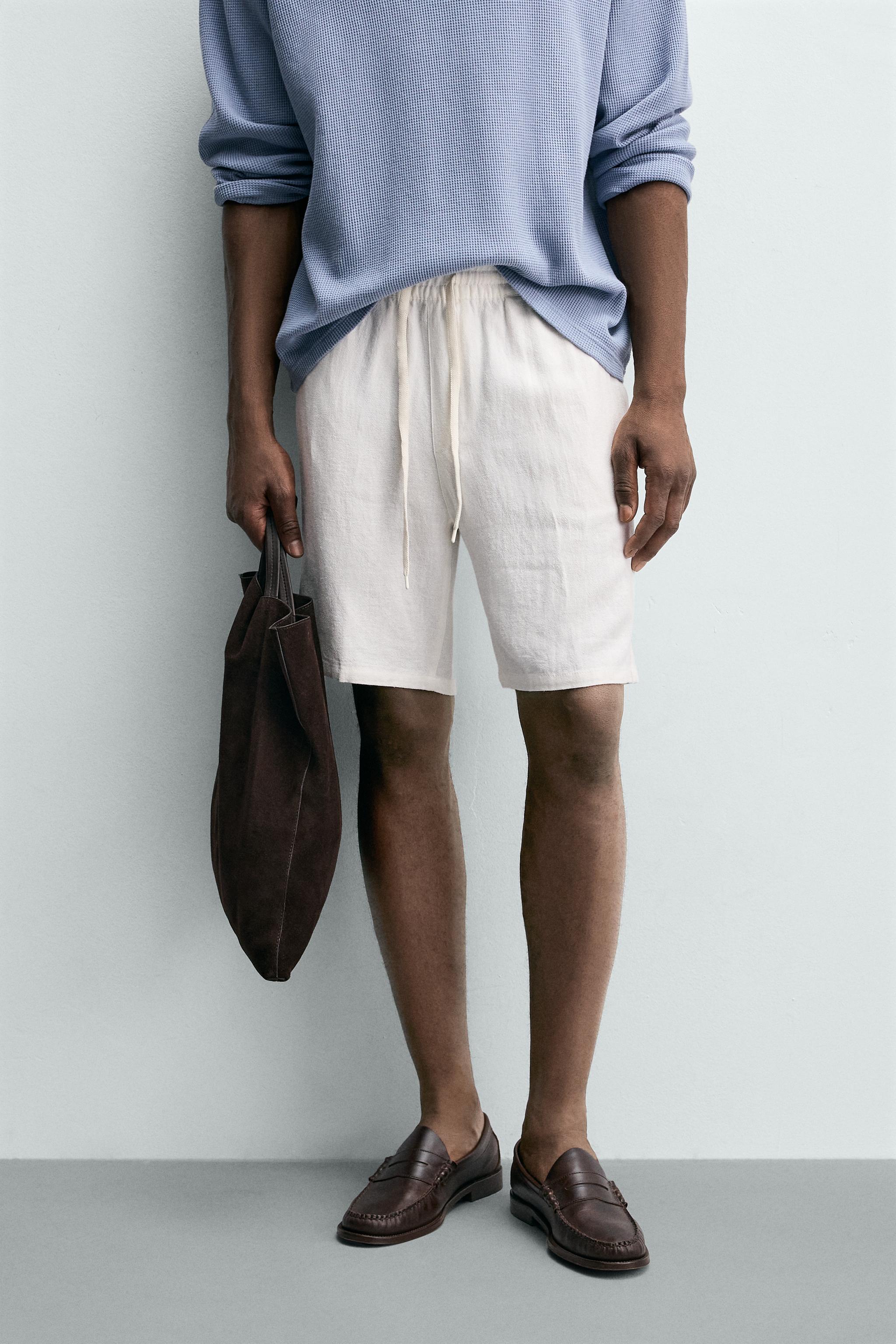 VISCOSE LINEN BLEND RELAXED FIT SHORTS — White