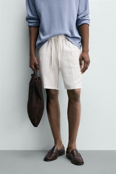 VISCOSE LINEN BLEND RELAXED FIT SHORTS — White 2