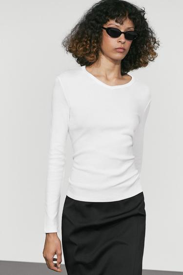 100% cotton V-neck long sleeve T-shirt — Oyster-white 2