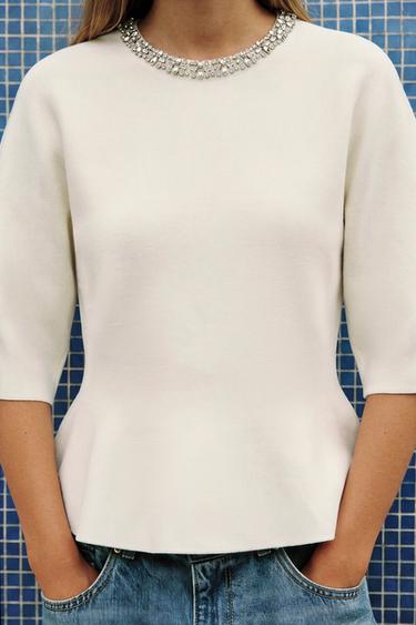 KNIT TOP WITH JEWEL NECK - Ecru by Zara