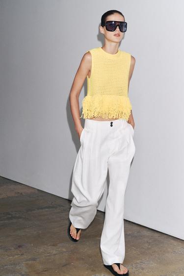 CHECK KNIT TOP WITH FRINGING - Yellow by Zara - Image 0