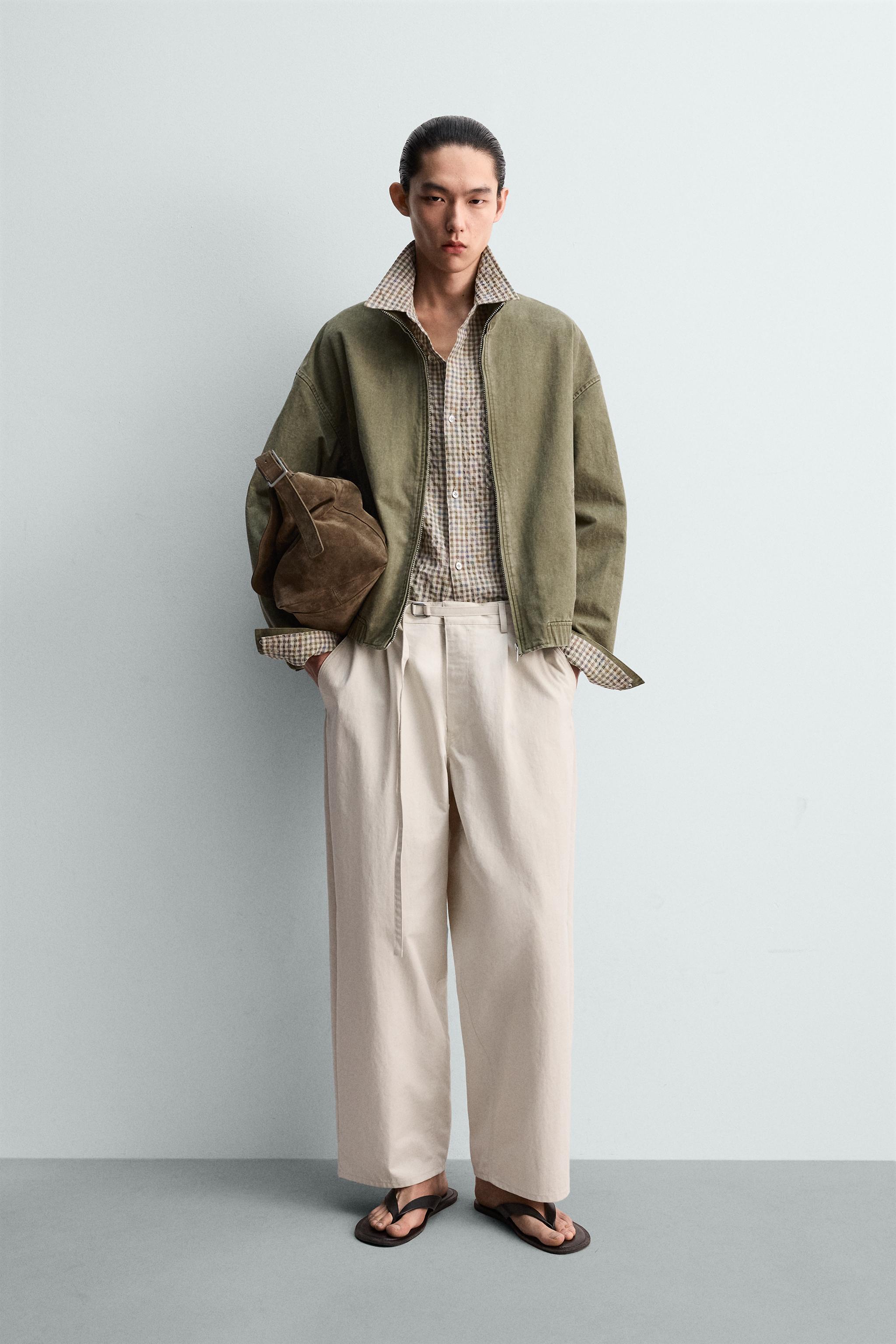 メンズ　カーキ　セットアップ リネン風 ZARA 100% リネン リラックスフィットパンツ - ダークカーキ | ZARA Japan