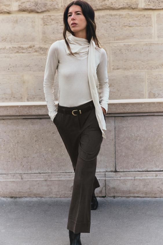 Zara CUFFED HEM BELTED PANTS - Brown / Ecru - Image 0