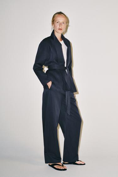 ZW COLLECTION LINEN BLEND BARREL TROUSERS - Navy blue by Zara - Image 0