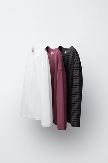 Zara THREE-PACK OF PLAIN AND STRIPED T-SHIRTS - Maroon Grey - Image 0