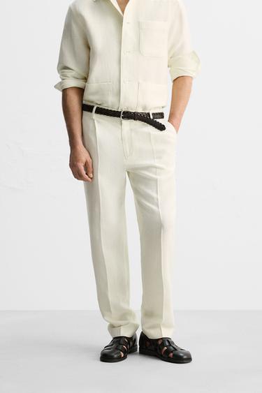 LINEN-WOOL HERRINGBONE TROUSERS - Oyster-white by Zara