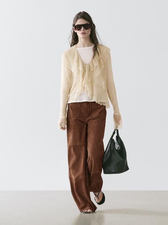 Suede leather wide-leg trousers with pockets from Zara - $690