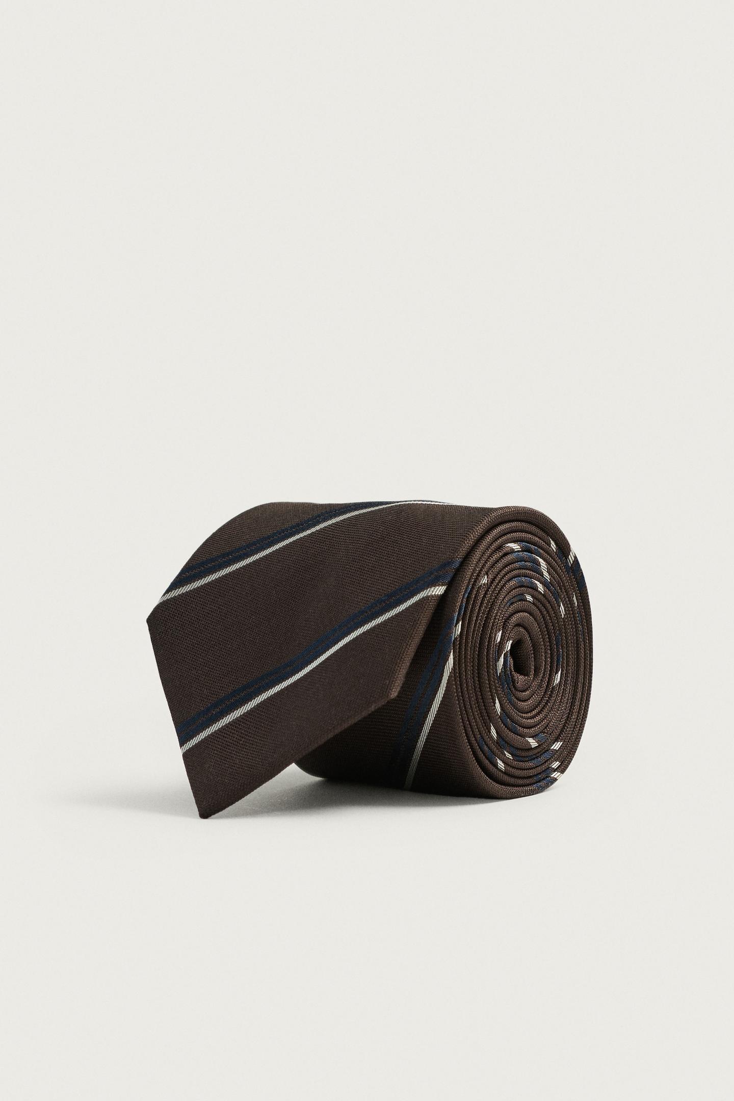 Мужской галстук Zara 100% Silk Striped Tie, цвет: Коричневый
