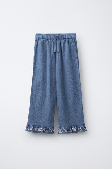 بنطلون كولوت بفريل وأزهار مطرزة - أزرق الخاص بـ Zara