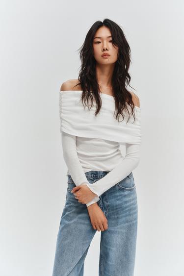 Zara 平口縮褶上衣 - 磨白色