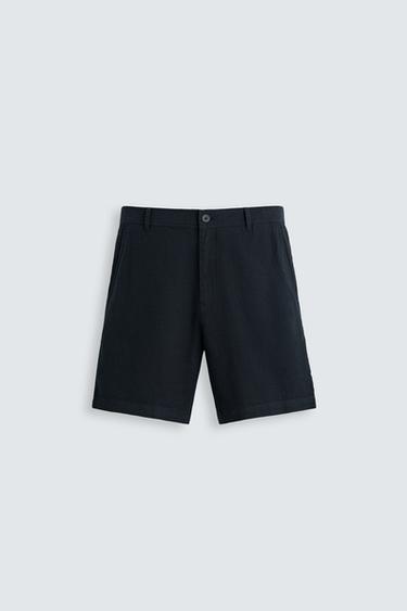 Zara COTTON LINEN BLEND SHORTS - Navy blue