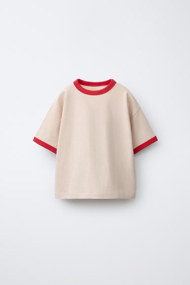 T-SHIRT WITH CONTRAST PIPING - Mid-ecru by Zara
