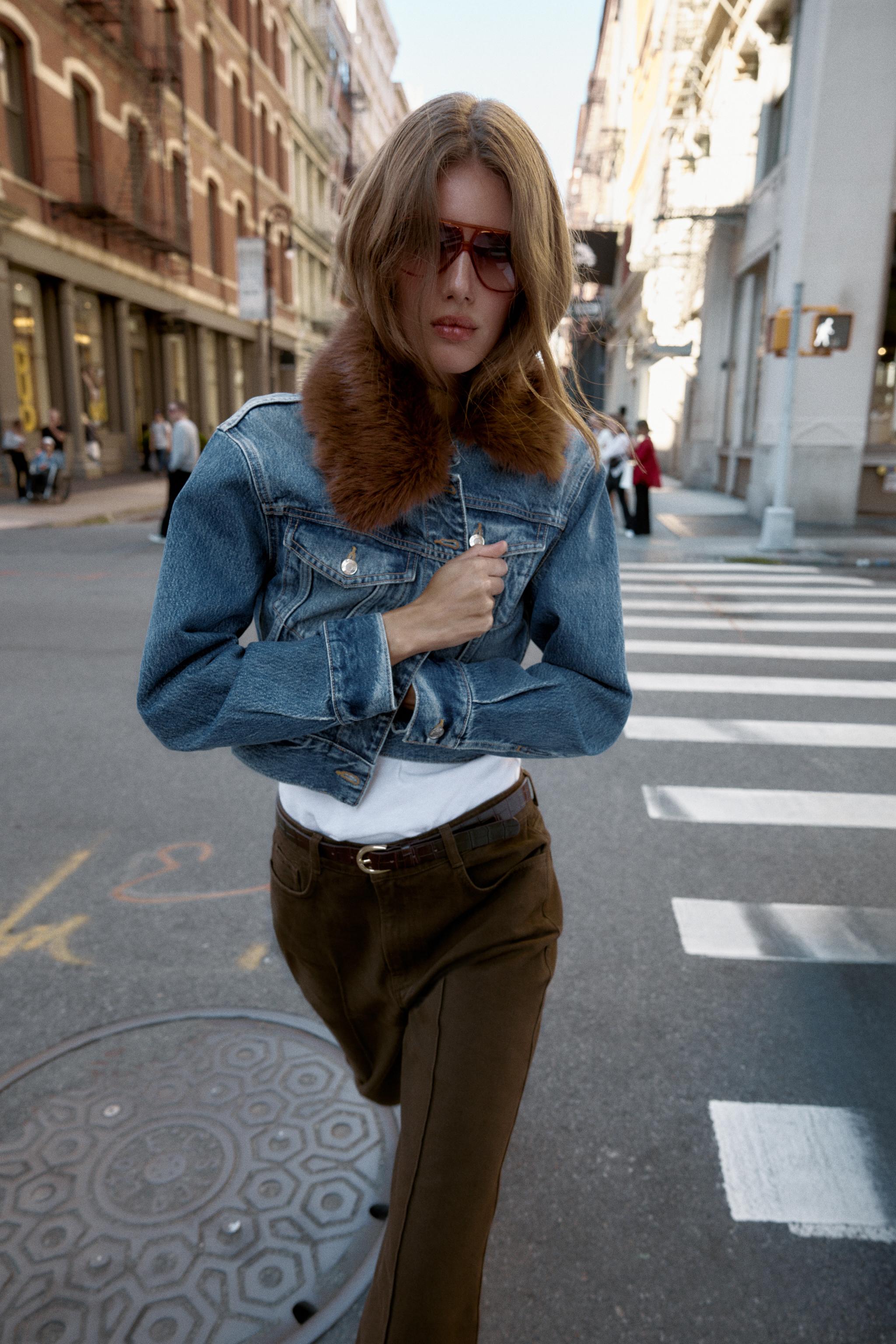 Z1975 FAUX FUR LAPEL CROPPED DENIM JACKET - Mid-blue | ZARA