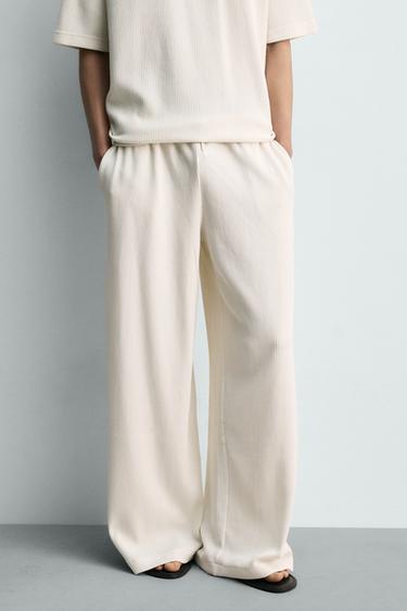 Zara 粗橫紋休閒長褲 - 磨白色