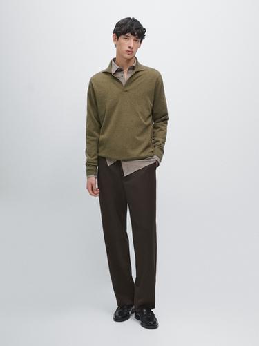 Zara Wool V-neck knit polo sweater - Khaki