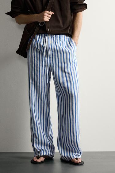 100% LINEN RELAXED FIT TROUSERS - Navy / White by Zara