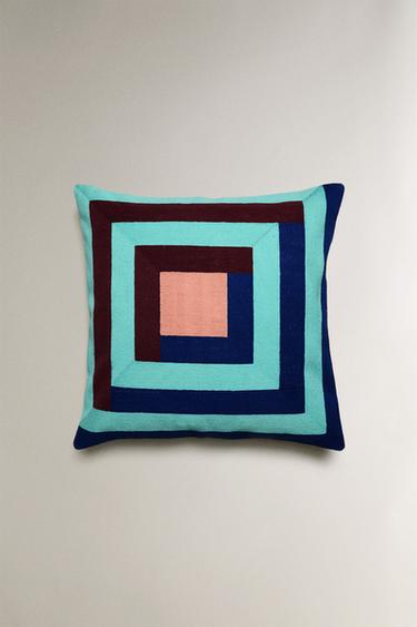 Zara SQUARE COTTON THROW PILLOW COVER X COLLAGERIE - Blues