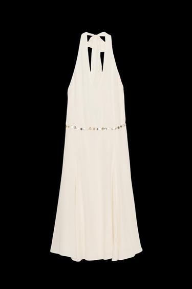 NECKHOLDER-MIDIKLEID MIT SCHMUCKPERLEN - Cremefarben von Zara