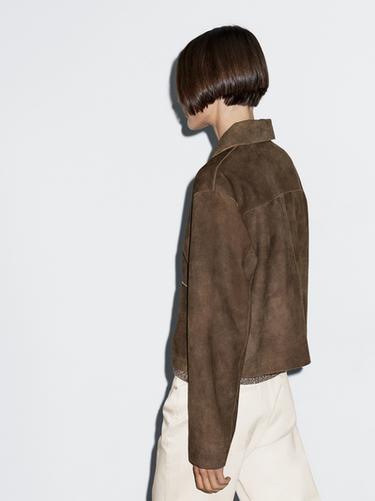 Zara Short suede leather jacket with pocket details - Brown