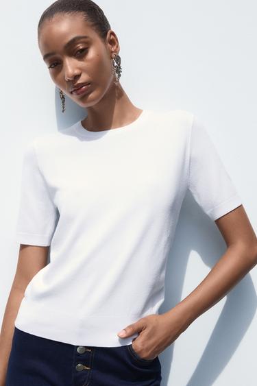 Zara PLAIN KNIT BASIC SHORT SLEEVE TOP - White