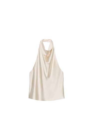 Zara SATIN EFFECT HALTER TOP - Ecru