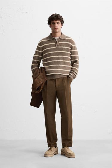 TEXTURED STRIPED KNIT POLO SWEATER - camel by Zara - Image 0