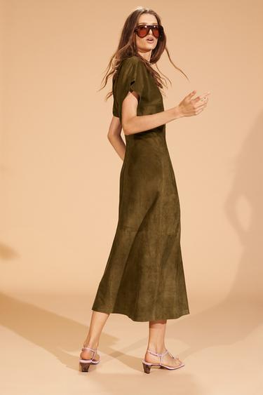 Zara LIMITED EDITION SUEDE DRAPED DRESS - Olive green
