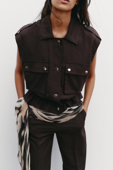 CARGO WAISTCOAT WITH LINEN - Brown by Zara - Image 1