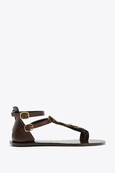 LEATHER SANDALS WITH ADORNMENT - Brown by Zara - Image 0