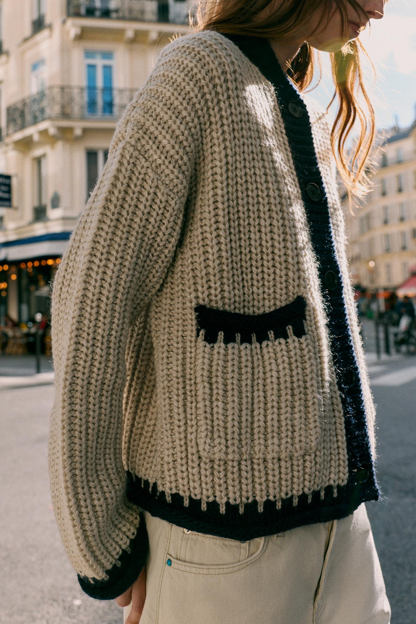 Женский кардиган Zara Contrast Trim, цвет: Светлый верблюжий — фото 5