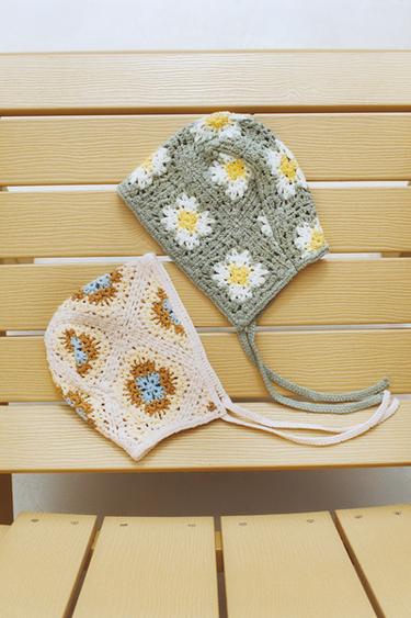 KNIT CROCHET FLOWER BONNET - Greenish by Zara