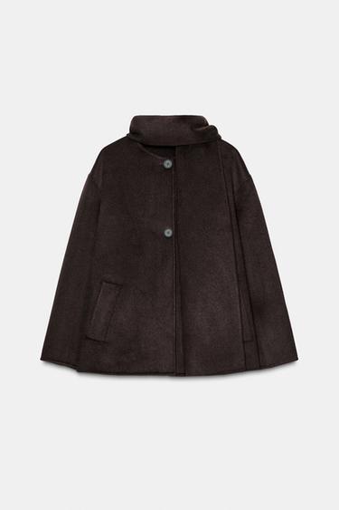 معطف قصير بوشاح من الصوف - بني الخاص بـ Zara