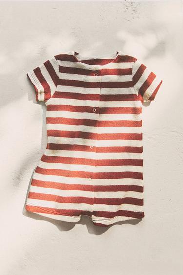Zara BABY STRIPED TERRY FOOTED ROMPER - Ecru / Brown