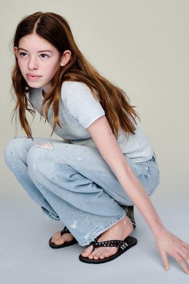 Zara RIPPED AND RHINESTONE BALLOON JEANS - Light blue