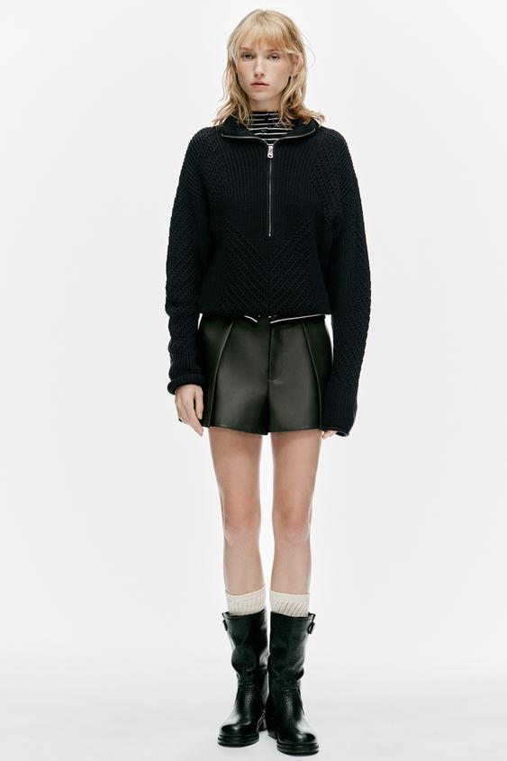 LEATHER EFFECT PLEATED SHORTS - Dark green by Zara - Image 0