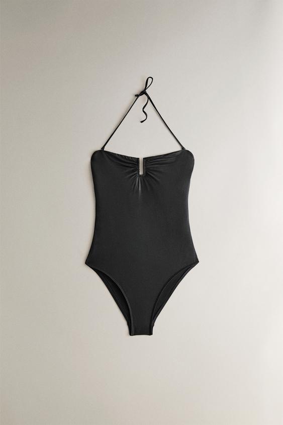 Zara RUFFLED NECKLINE BEACH SWIMSUIT - Black - Image 0
