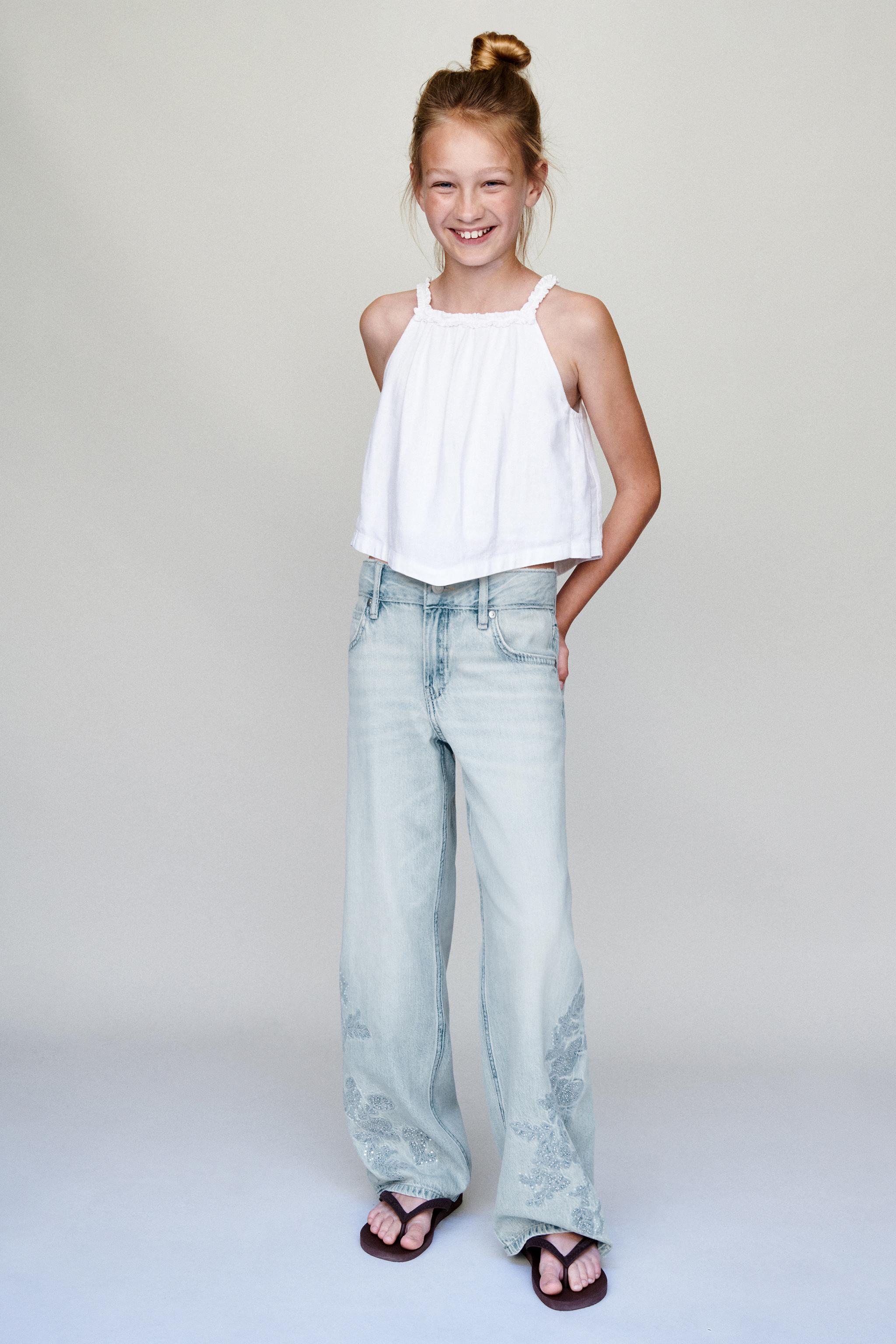 RHINESTONE EMBROIDERED FLORAL WIDE LEG JEANS — Blue