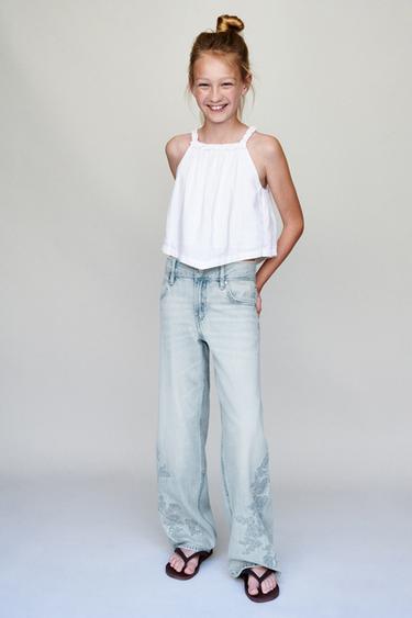 JEANS WIDE LEG MET GEBORDUURDE BLOEMEN EN STRAS - Blauw van Zara
