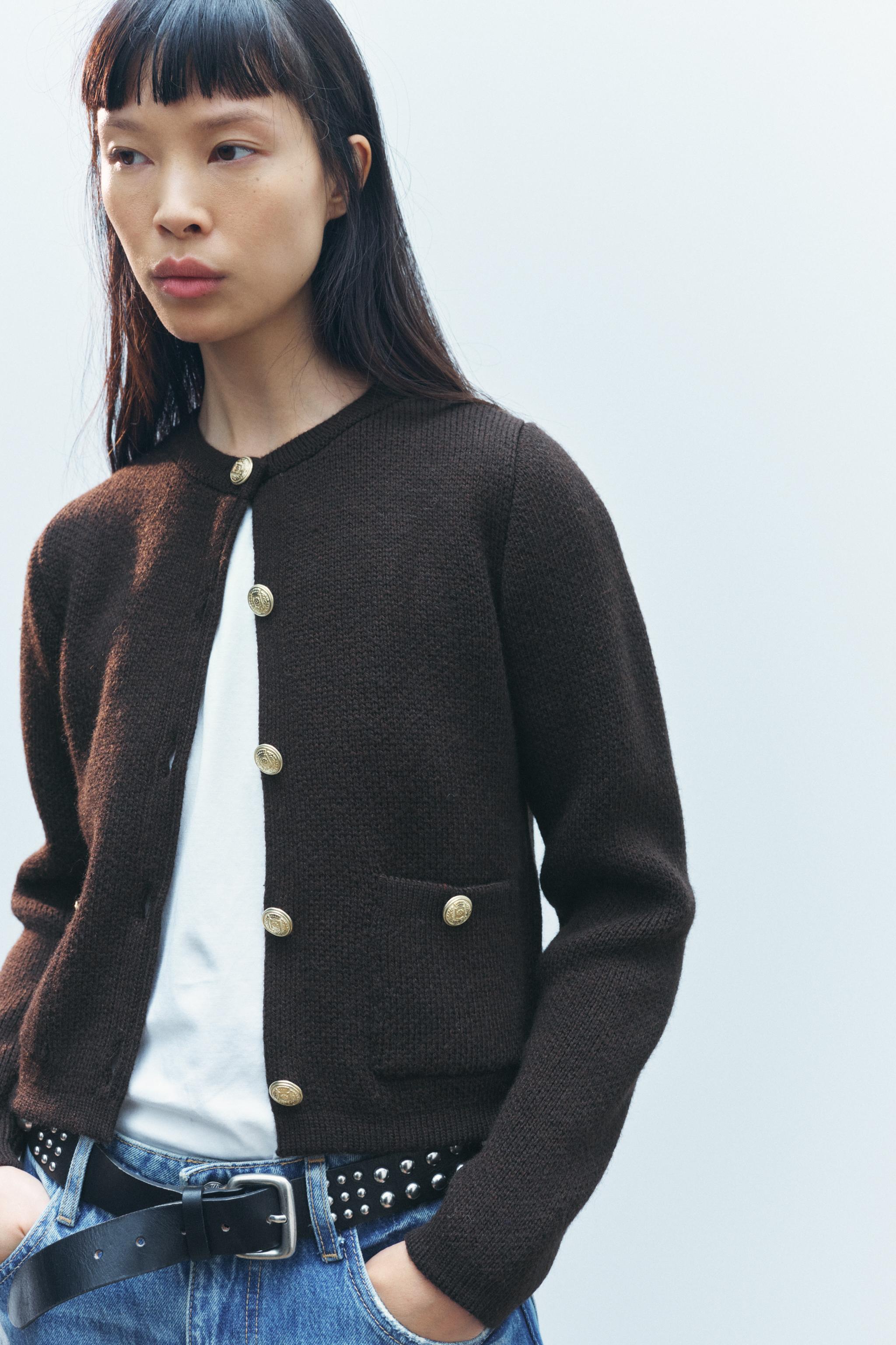 トップス GOLDEN  KNIT CARDIGAN GOLDEN BUTTON KNIT CARDIGAN - Brown | ZARA Canada