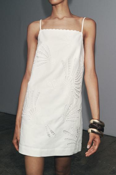 Zara ZW COLLECTION EMBROIDERED LINEN DRESS - White