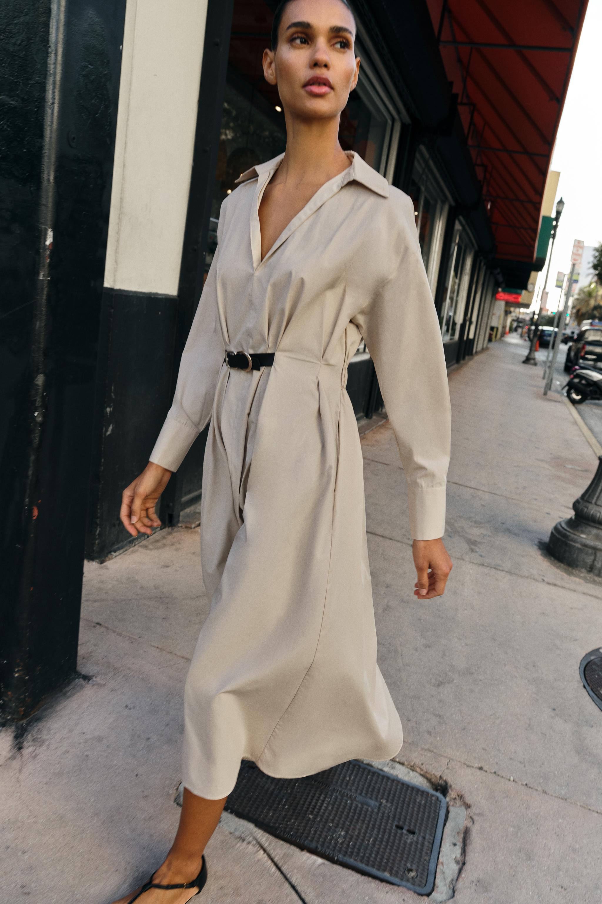 BELTED MIDI DRESS - Beige | ZARA United States BELTED MIDI DRESS - Beige | ZARA United States