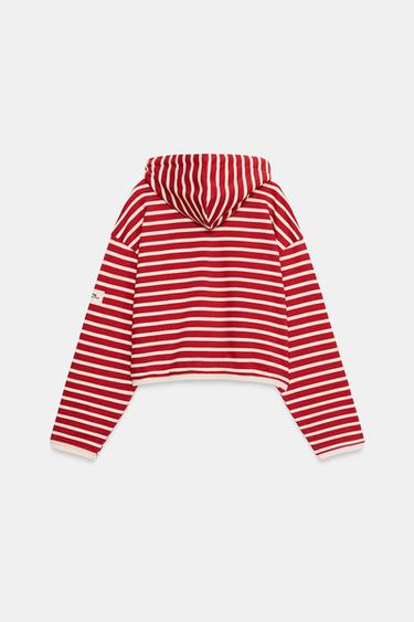 Zara STRIPED COTTON CROP HOODIE - White / Red