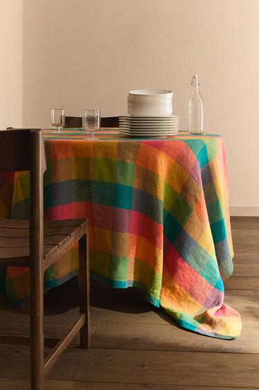 MULTICOLOURED CHECK LINEN TABLECLOTH - Green by Zara