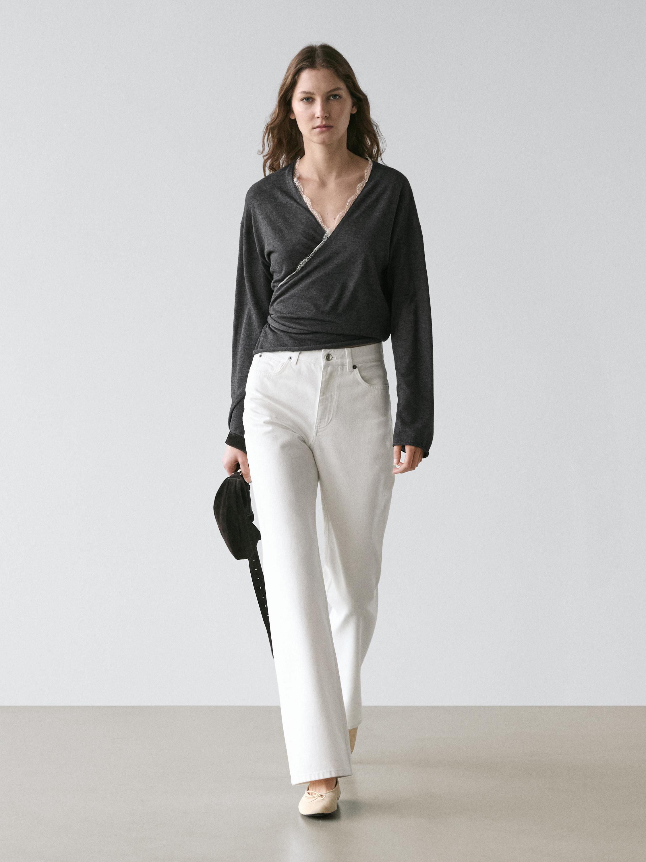 Cross-over knit cardigan with lace detail