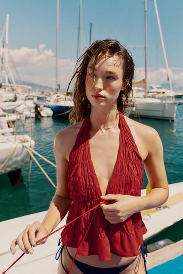 TOP HALTER PLISSÉ AVEC LIN - Grenat de Zara - Image 2
