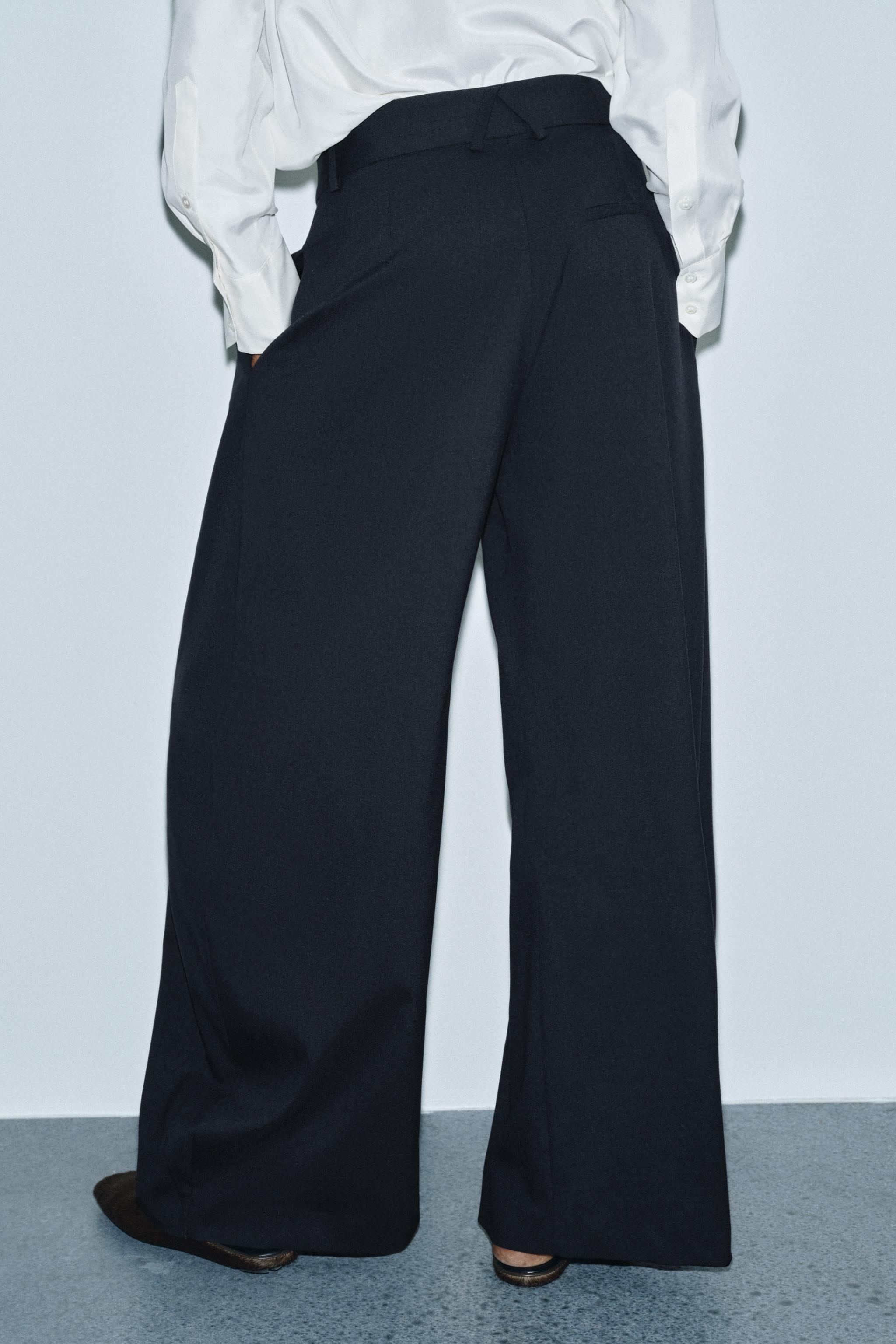ZW COLLECTION WIDE LEG PLEATED PANTS - Dark navy | ZARA Canada