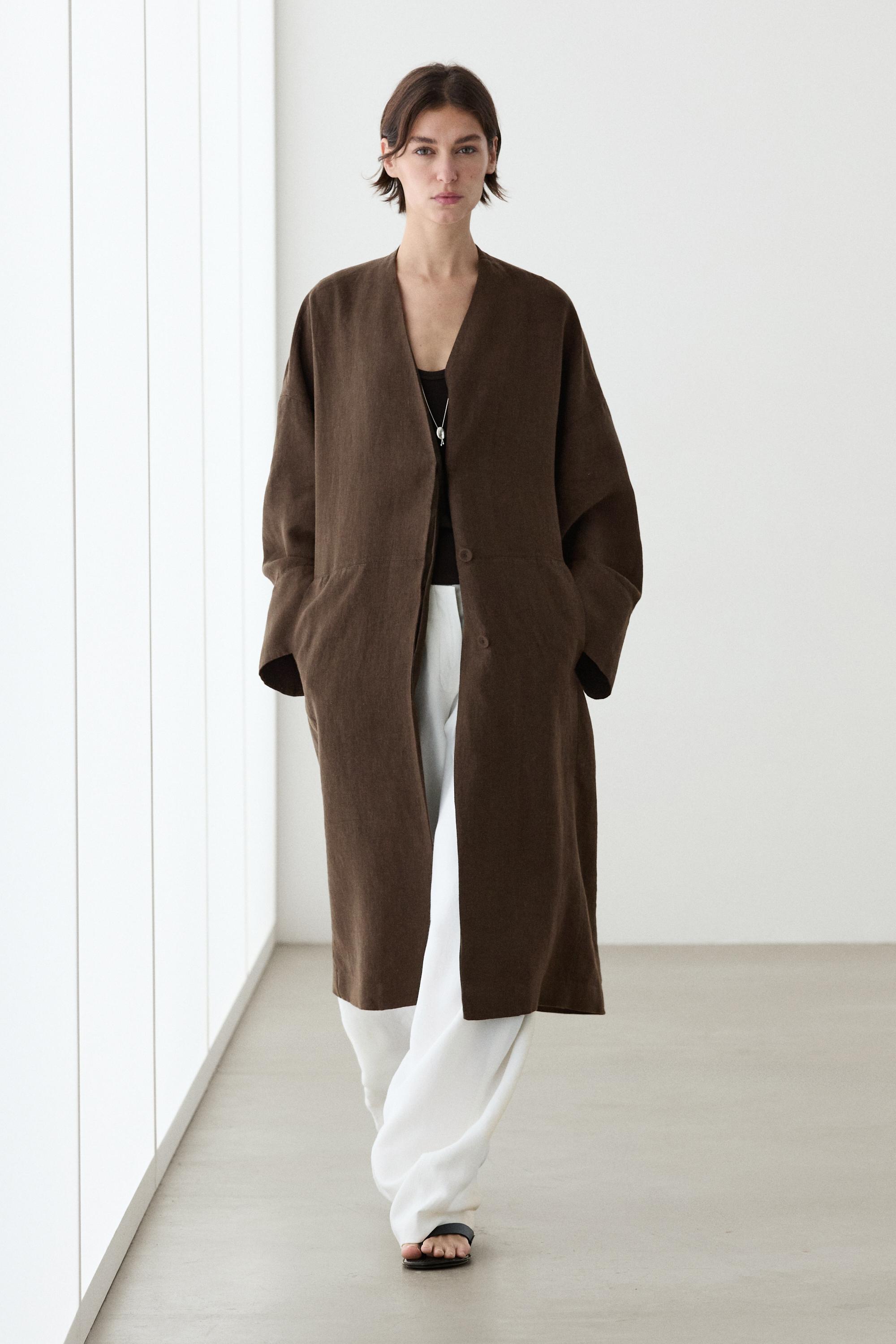 100% linen double-breasted coat with no collar — Brown