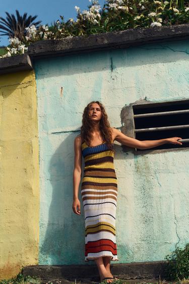 Zara STRIPED LONG KNIT DRESS - Multicolored