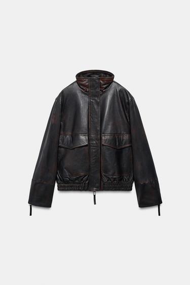 100% LEATHER BOMBER JACKET ZW COLLECTION LIMITED EDITION - Black by Zara