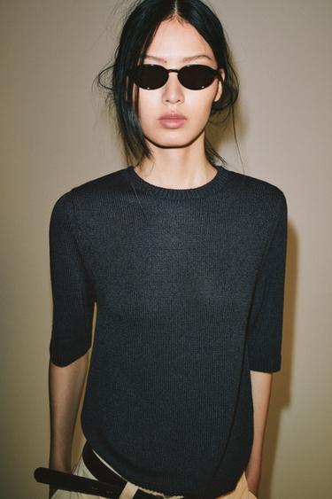 TRICOT TOP MET KORTE MOUWEN - Nachtblauw van Zara